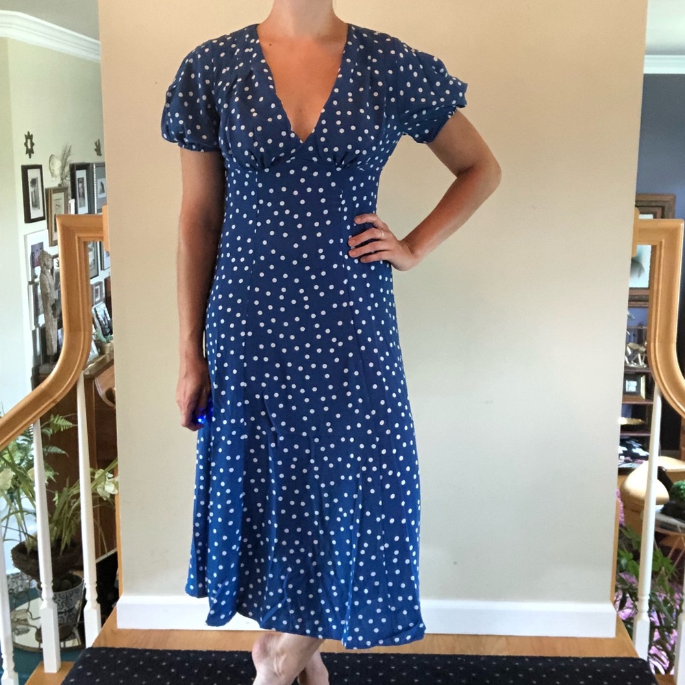 Vintage style blue and white polka dot midi dress